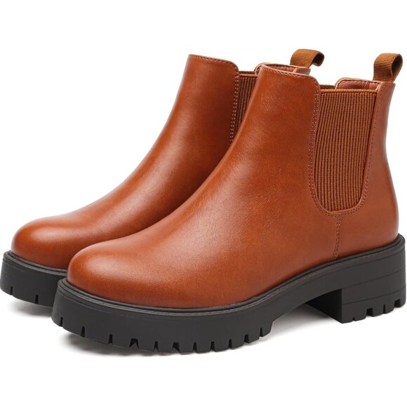 Girls Brown Pull-On Fall Chelsea Boots Water-Resistant PU Ankle Heel Boots - Picture 3 of 7